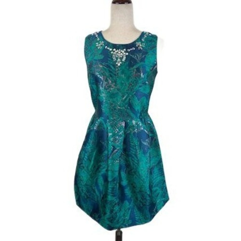 Alison Andrews Women's Size Medium Green Blue Metallic Leaf Fit‎ Flare Dress